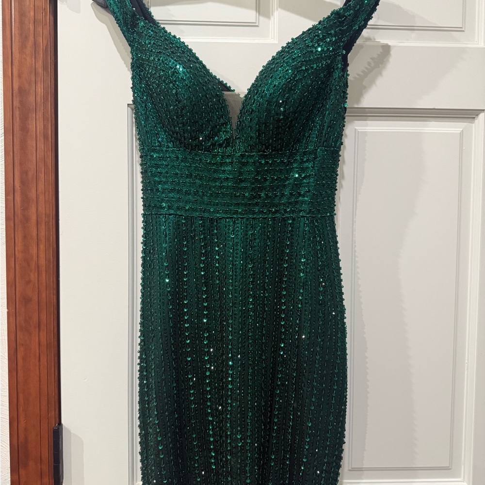 Jovani Deep Emerald Sequin V-Neck Mini Dress